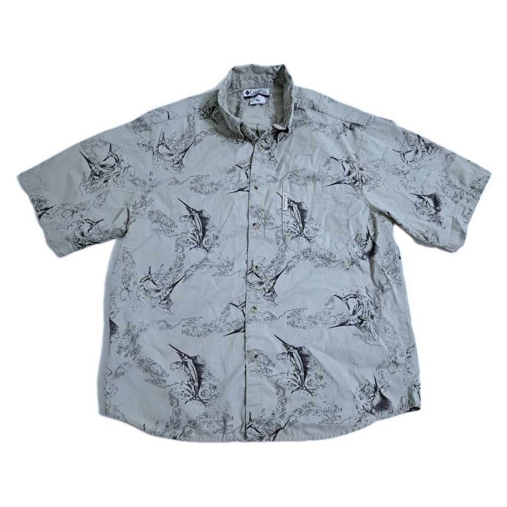Columbia Shirt Mens Medium Short Sleeve Marlin Fishing Gray Boating Sea Nautical